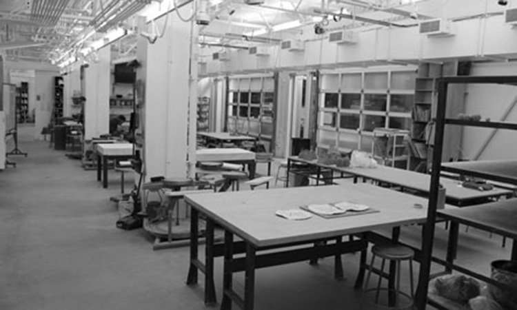 Worktables in the ceramics lab