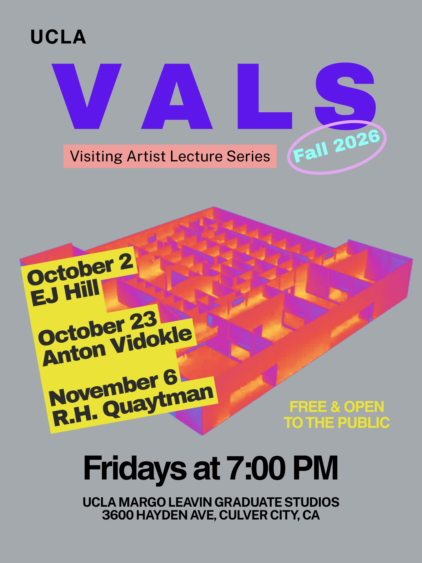 Poster for the Fall Quarter 2026 Visiting Artists Lecture Series schedule