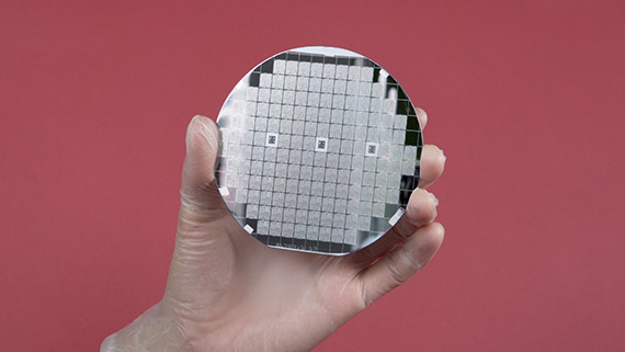 video still from <em>Doulas of the Computer Age</em> (2021) that shows a gloved hand holding a semiconductor wafer against a red background