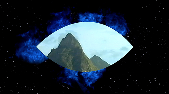 <em>Para Reclamar</em> (Video Still), 2021. Window installation: golden nuggets, mounds of dirt, vinyl graphic, single channel video (3:33 min)