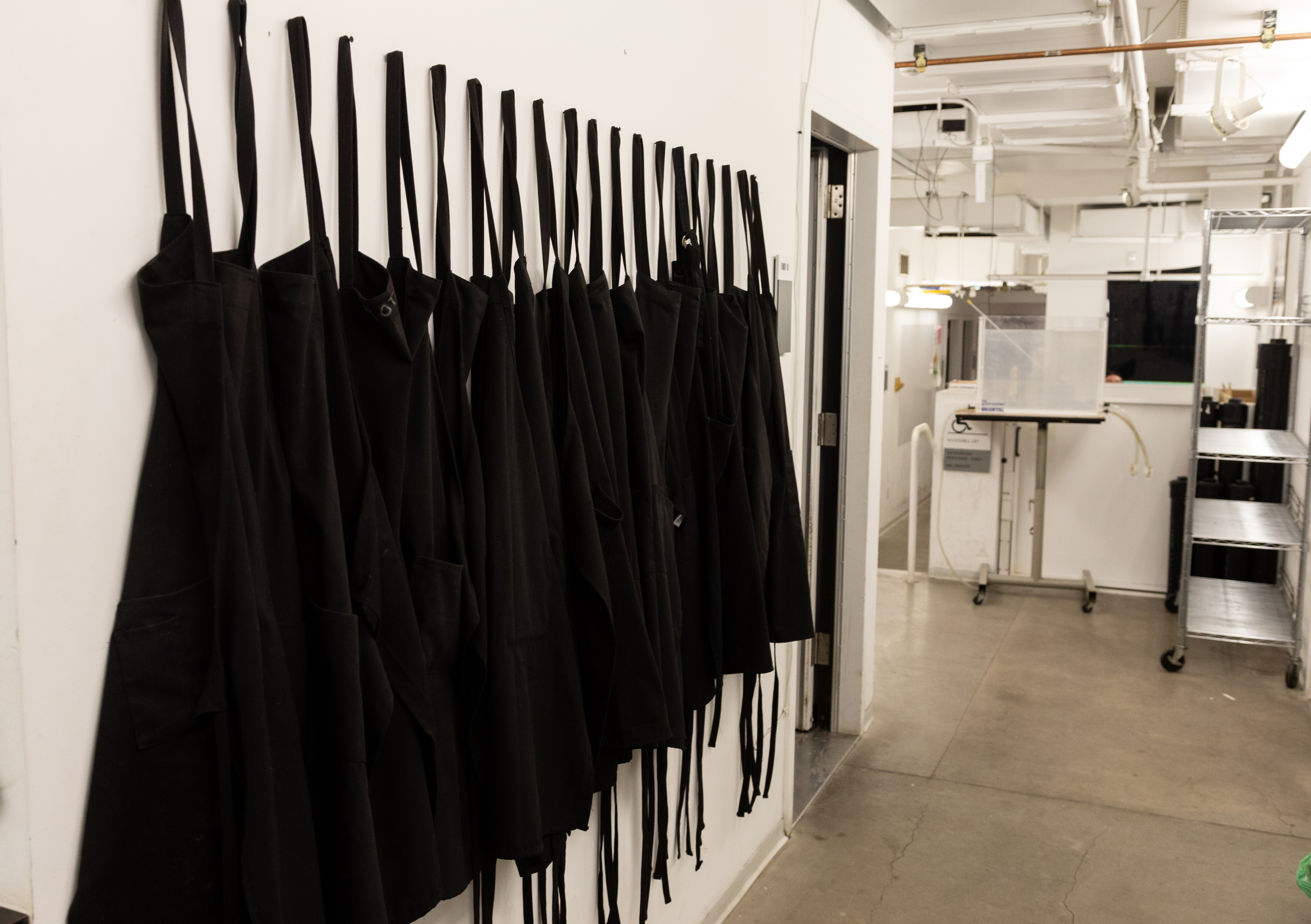 Aprons hanging on a wall in the photography lab