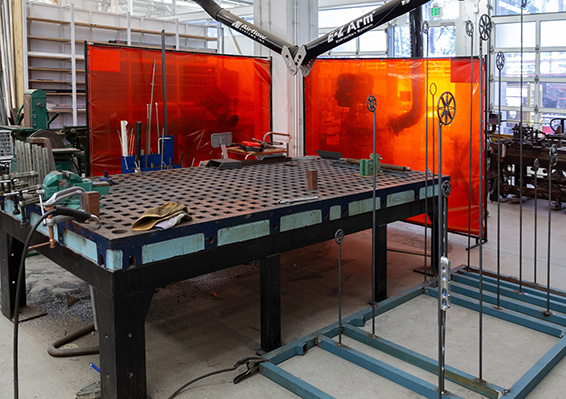 Welding table and safety screens in the Sculpture lab