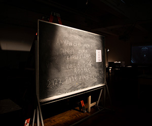 A chalkboard with 'Advanced New Genres Class Exhibition' written on it