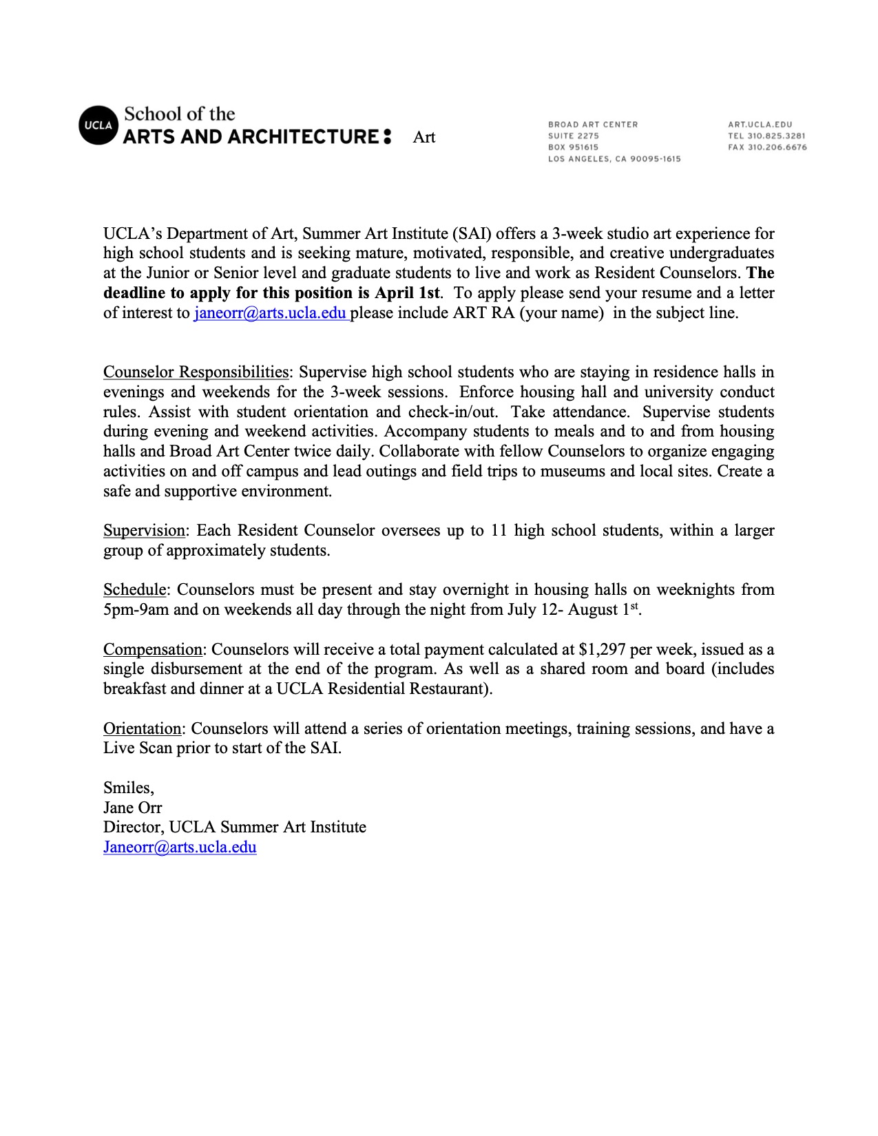 Summer Art Institute Resident Counselor Job Posting