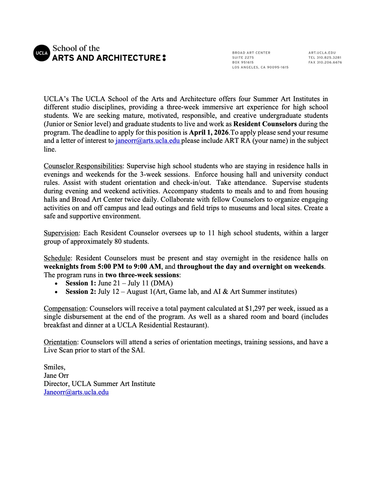 Summer Arts Programs Resident Counselor Job Posting