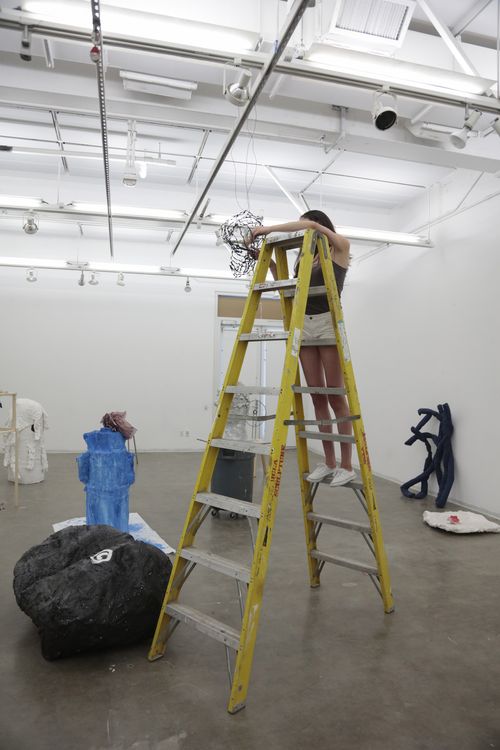 student on a ladder installing sculpture