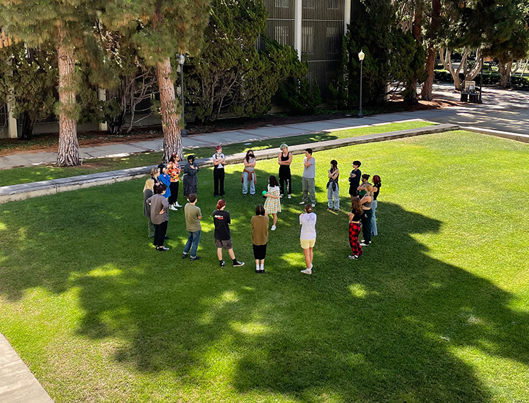 a circle of students on a grassy lawn with shade